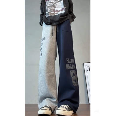 美式复古双色拼接印花卫裤男款秋季设计感重磅运动裤直筒休闲裤子