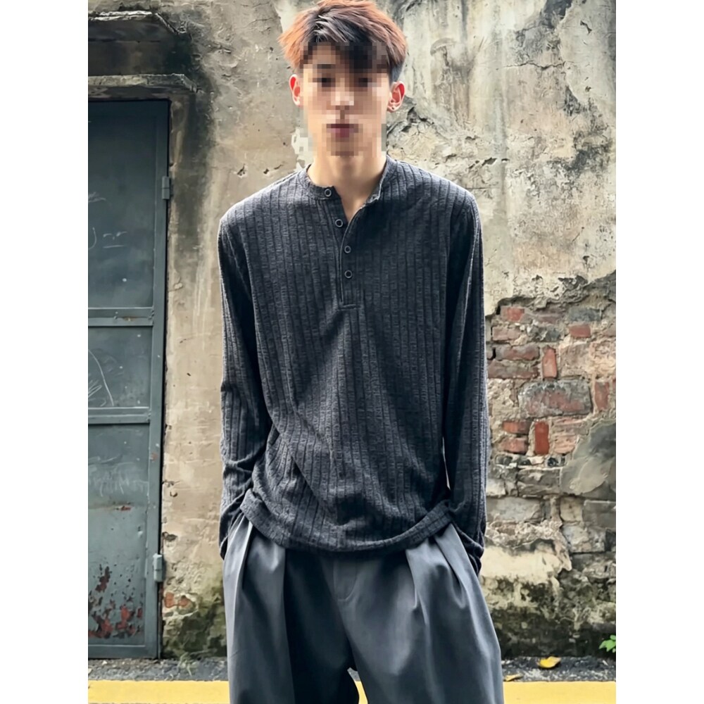 深灰色条纹亨利领长袖t恤男款秋T恤