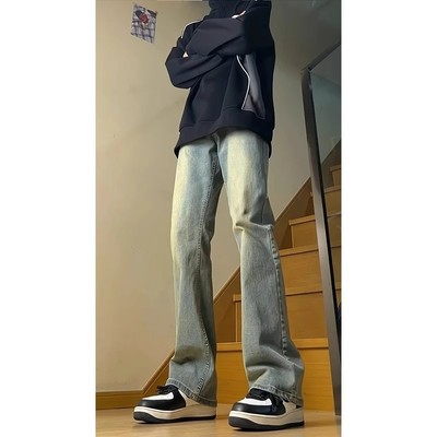 复古蓝微喇牛仔裤男款秋冬美式高街潮牌cleanfit休闲显瘦直筒裤子