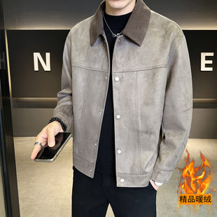 翻领皮夹克潮流拼接微宽松皮衣 高端麂皮绒外套男士 2025新款 秋冬季