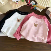 100%纯棉可爱小熊秋季 t恤撞色女童宝宝洋气印花卡通上衣A 儿童长袖