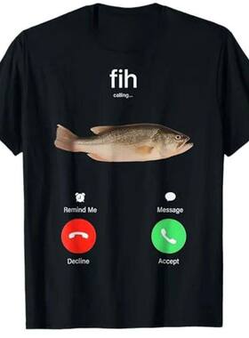 Fih Calling Remind趣味创意鱼来电话了潮流休闲大码短袖T恤男女