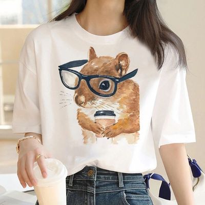 Squirrel T shirt 新款白色T恤女装个性松鼠解析印花大码亲子装