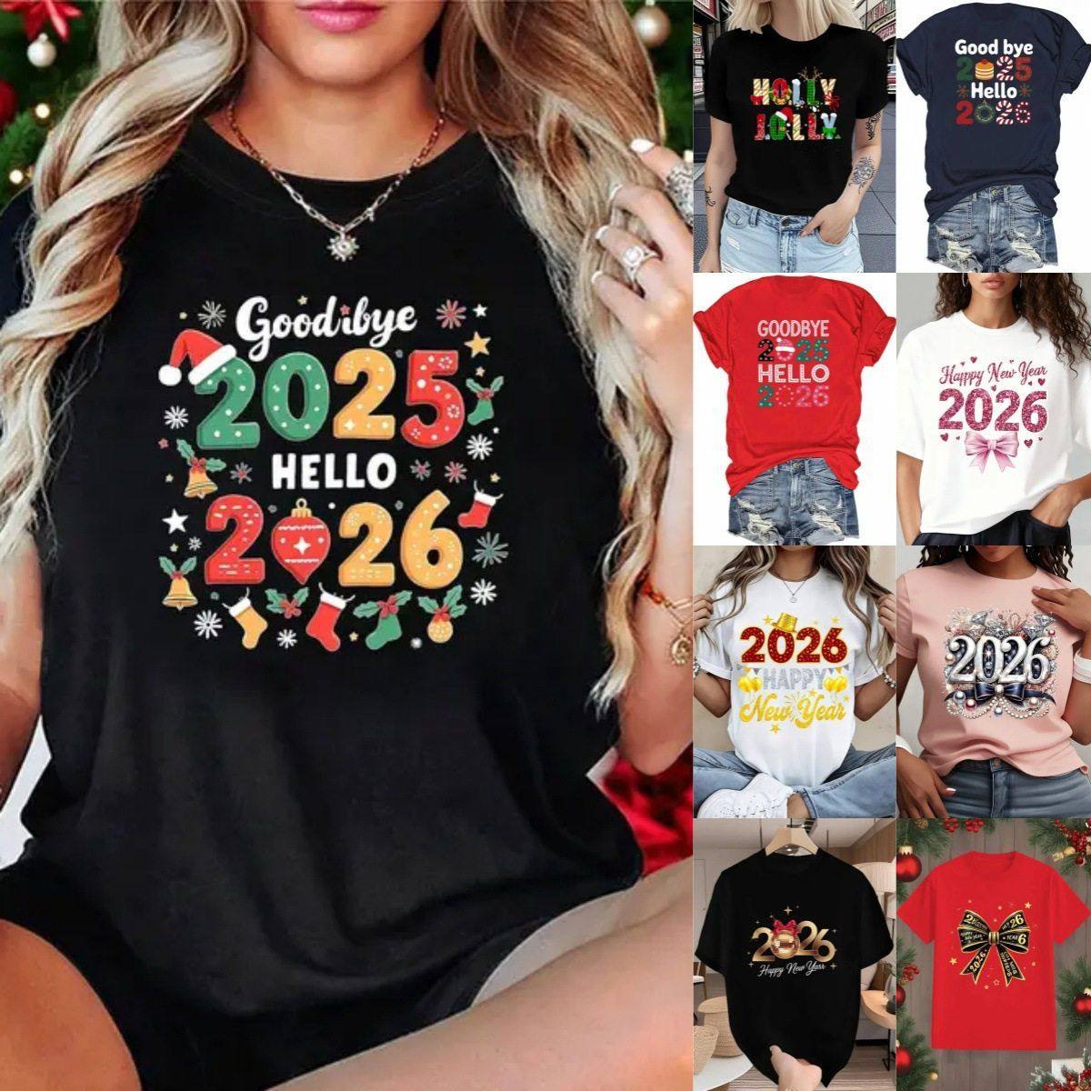 2026新年圣诞节快乐亲子装Happy New Year圆领纯棉短袖T恤男女,男装,T恤,淘宝优惠券,粉丝福利购,淘宝优惠卷