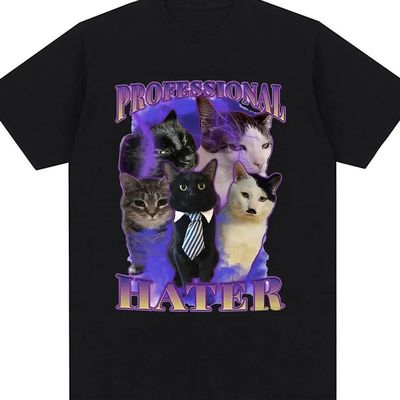 Professional Hater Cat 夏季搞笑创意黑猫图案休闲男短袖T恤上衣