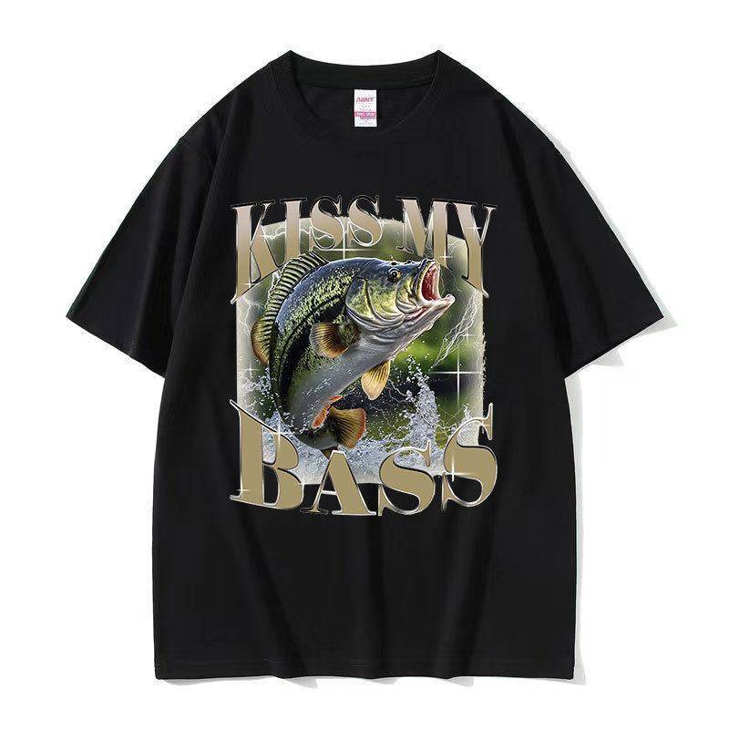 Kiss My Bass Fish 钓鱼爱好者趣味图案潮流休闲圆领短袖T恤男女,男装,T恤,淘宝优惠券,粉丝福利购,淘宝优惠卷