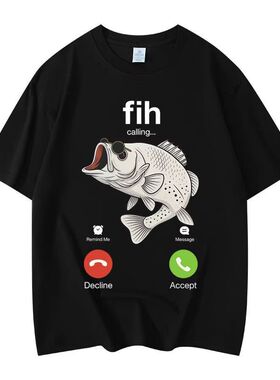 Fih Calling  Fish趣味时尚字母鱼来电话圆领休闲短袖T恤男女上衣