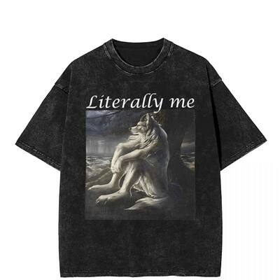 Sitting Wolf Literally Me 欧美创意坐着的狼水洗纯棉休闲T恤男