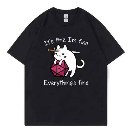 It's fine I'm fine 搞怪猫咪T恤龙与地下城桌游骰子趣味宽松短袖