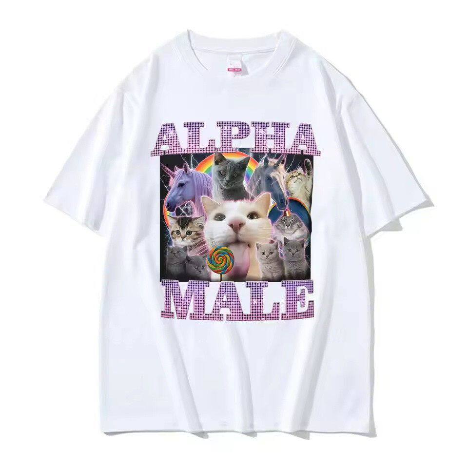 Alpha Male 猫独角兽彩虹棒棒糖欧美梗图印花短袖T恤男女个性上衣