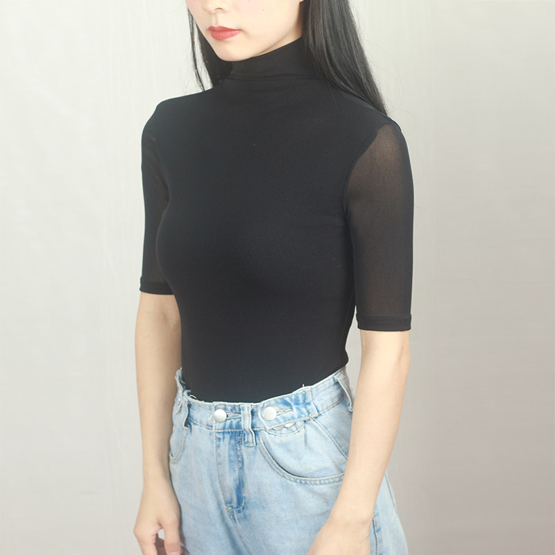 2022新款春装t恤高领网纱女中袖修身弹力内搭紧身双层打底衫韩版
