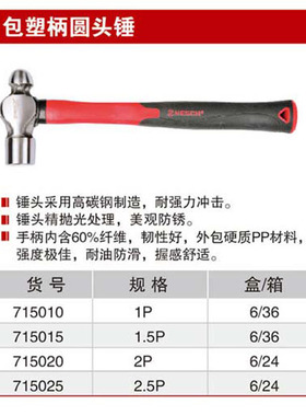 耐世圆头锤 工业级纤维柄圆头锤 塑柄锤子 715010 715015 715025