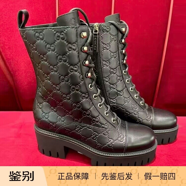 Gucci/古琦25秋冬黑色提花中筒系带女士马丁靴靴子正品代购84073