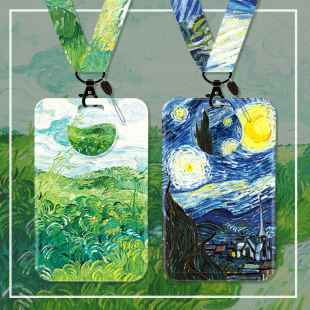 梵高油画卡套饭卡水卡挂脖长绳防丢工作证身份证件套公交地铁硬壳