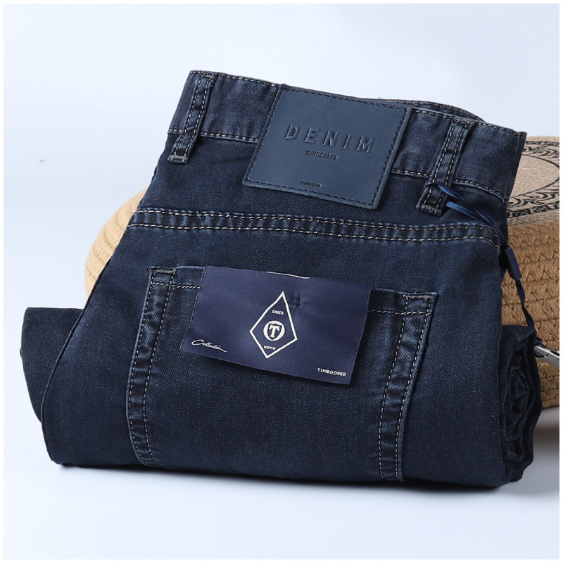 夏季薄款莱赛尔天丝深蓝色牛仔裤男宽松直筒奢华男士商务休闲长裤