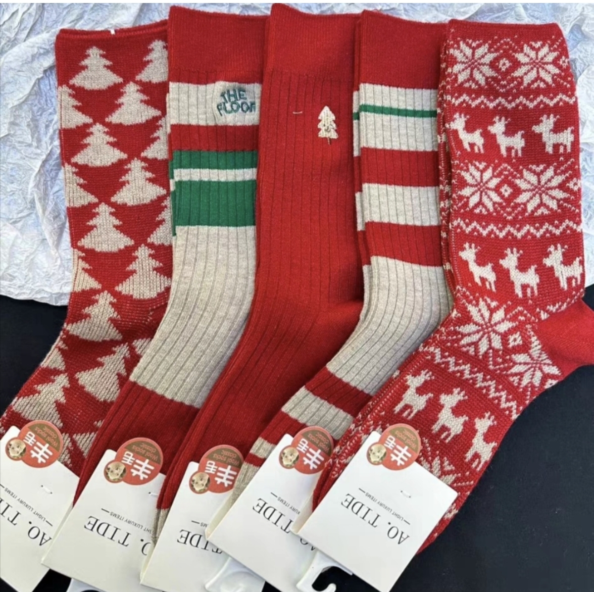 5双装秋冬奥芝冠女袜双针双路羊毛刺绣本命年红色中高筒堆堆袜子