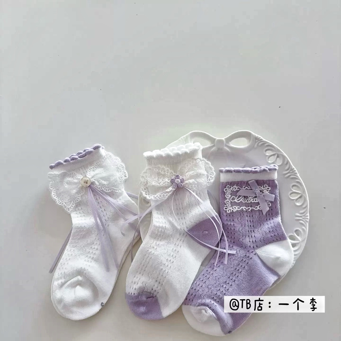 包邮-儿童袜子春夏新薄款女童蕾丝蝴蝶结中筒袜女宝宝紫色公主袜