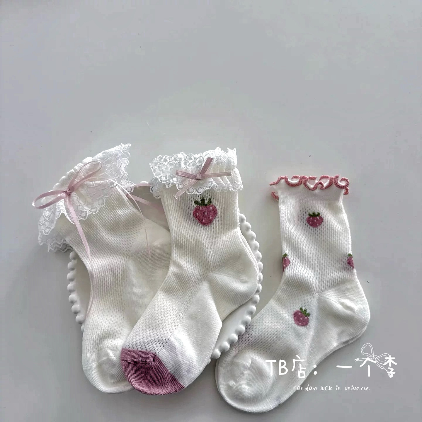 3双装包邮-春夏季女童蕾丝花边可爱草莓袜子女宝宝蝴蝶结公主袜薄