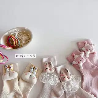 3包邮-春季新女童立体手工布艺兔子可爱网红中筒袜女宝宝布偶袜