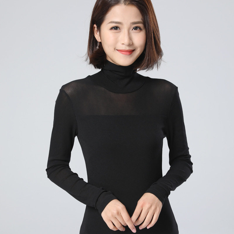 高领网纱打底衫长袖t恤女装2018年新款春装高弹大码网透视百搭款