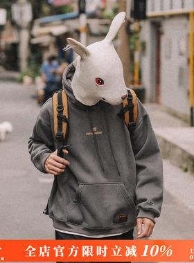 兔先森2025春秋季复古纯色加绒卫衣男连帽宽松套头衫男生上衣潮流