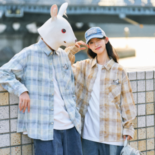 男士 衬衫 上衣休闲刺绣衬衣外套情侣 复古潮流格子长袖 兔先森春秋季