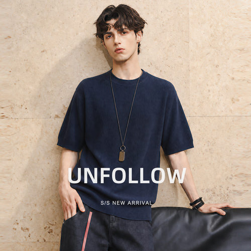 UNFOLLOW莱赛尔亚麻竖坑条针织短袖T恤男夏季新款半截袖体恤上衣