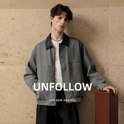 UNFOLLOW皮领做旧牛仔夹克男春秋新款复古休闲外套宽松短款上衣潮