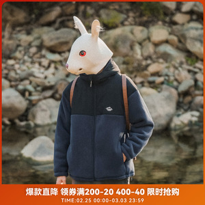 兔先森冬季双面摇粒绒撞色拼接棉服男士连帽加厚抗寒保暖拉链外套