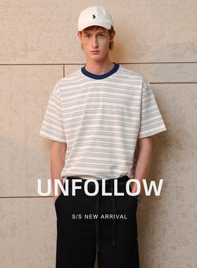 UNFOLLOW撞色条纹短袖T恤男夏季新款高级感半截袖体恤宽松上衣潮