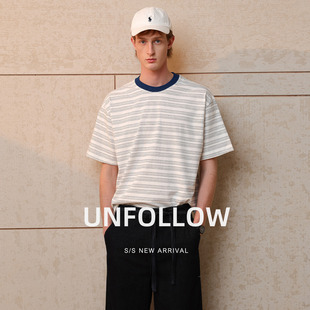 UNFOLLOW撞色条纹短袖T恤男夏季新款高级感半截袖体恤宽松上衣潮
