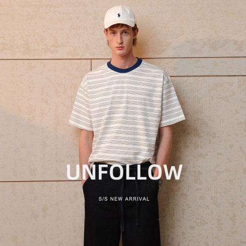 UNFOLLOW撞色条纹短袖T恤男夏季新款高级感半截袖体恤宽松上衣潮