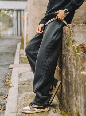 兔先森美式复古重磅针织卫裤男士秋冬季加绒加厚宽松直筒休闲裤子