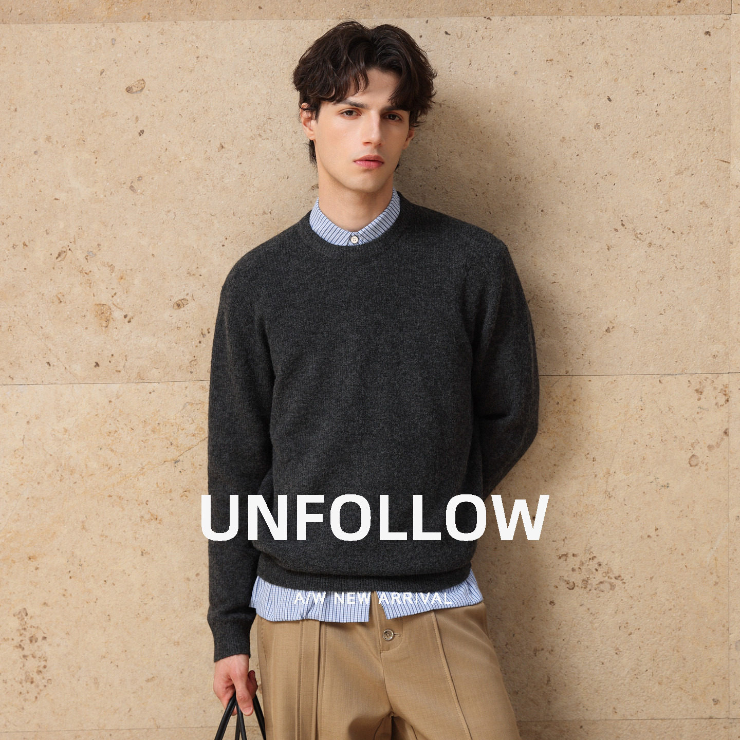 UNFOLLOW羊毛混纺纯色圆领针织毛衣男春秋新款简约毛衫内搭上衣潮