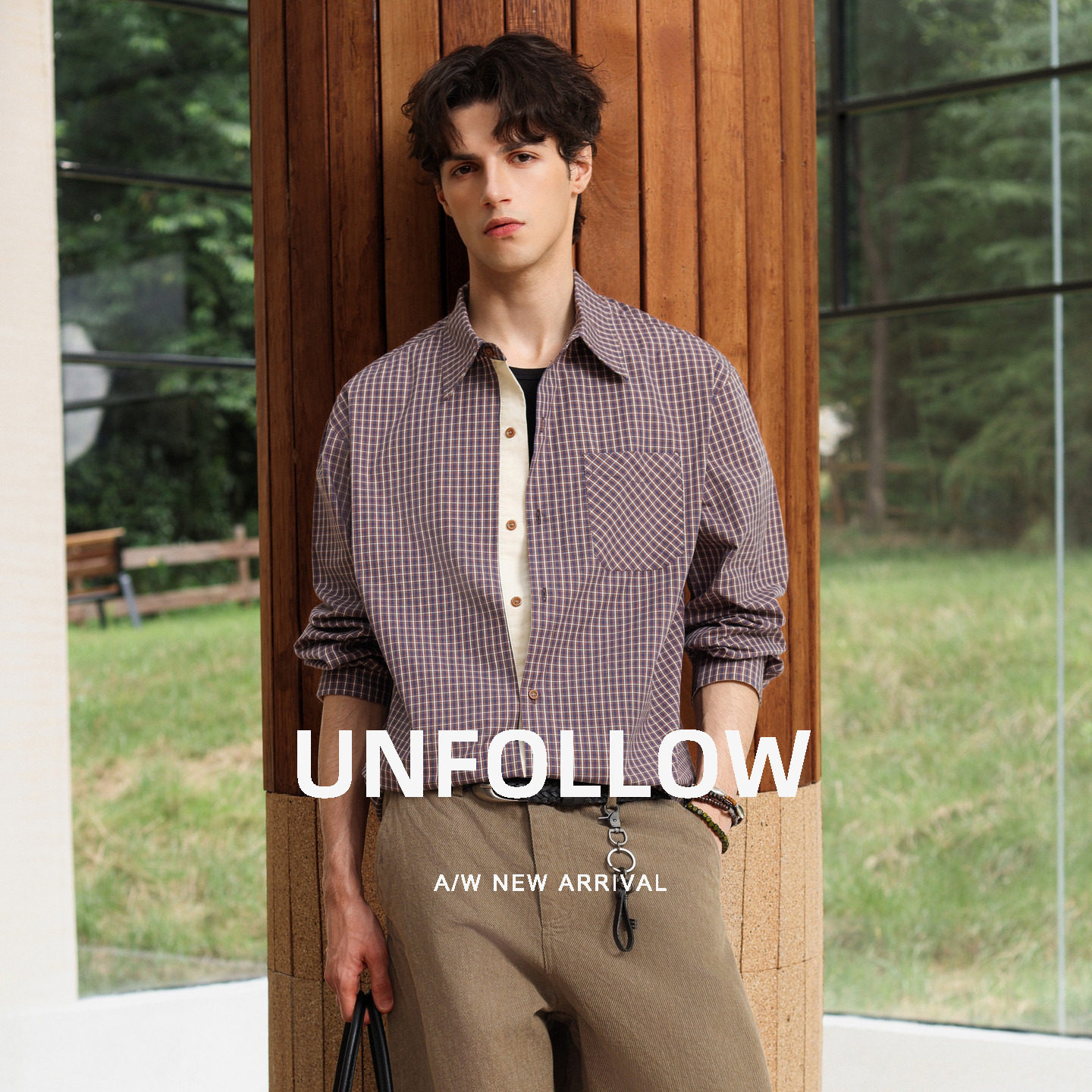 UNFOLLOW复古格纹长袖衬衫男秋季新款休闲撞色衬衣宽松叠穿上衣潮