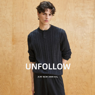 UNFOLLOW桑蚕丝羊毛混纺竖纹亨利领针织衫男秋季新款毛衣休闲上衣