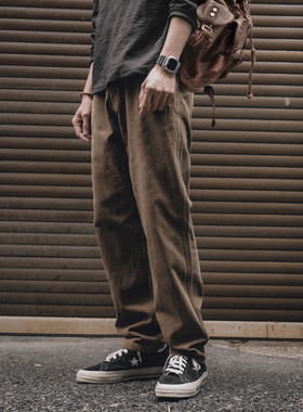 兔先森春秋季日系复古重工水洗做旧休闲裤男纯色直筒工装裤子长裤