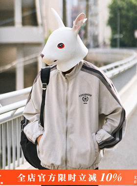 兔先森春秋季美式复古撞色拼接麂皮绒外套男立领休闲夹克拉链开衫