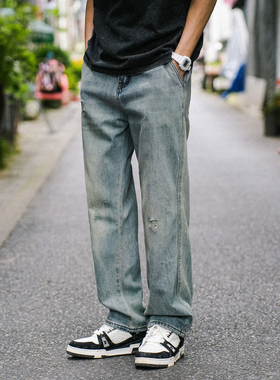 兔先森2025夏季潮男日系复古做旧破洞牛仔裤男宽松休闲直筒裤长裤
