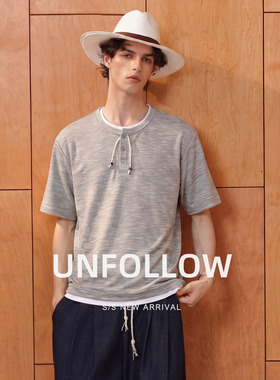 UNFOLLOW亨利领假两件短袖T恤男夏季新款高级感半截袖体恤上衣潮