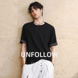 UNFOLLOW亨利领卷边短袖T恤男夏季新款纯棉半截袖体恤宽松上衣潮