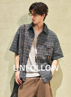 UNFOLLOW复古格纹短袖衬衫男夏季宽松工装口袋休闲日系半袖衬衣潮