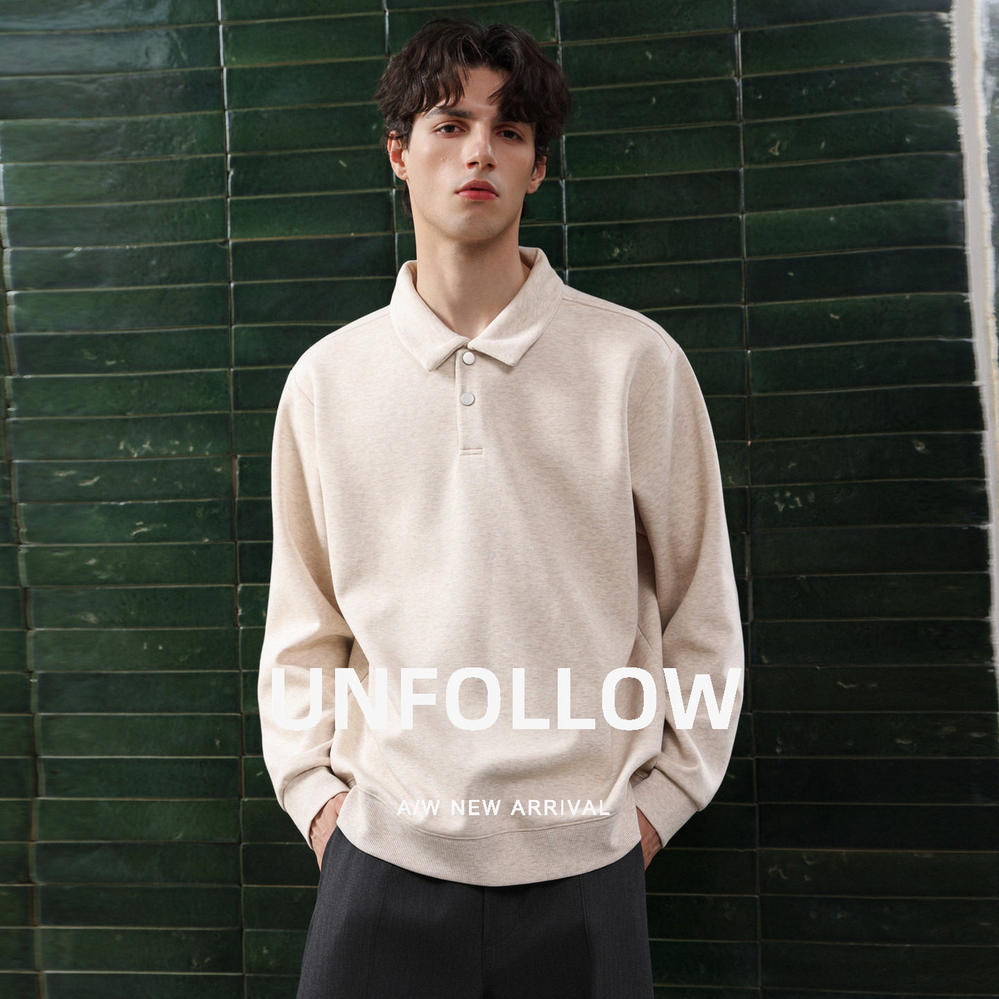 UNFOLLOW翻领长袖Polo卫衣男春秋新款高级感套头衫宽松休闲上衣潮