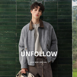 UNFOLLOW羊毛混纺撞色领毛呢夹克男春秋新款高级感短款外套上衣潮