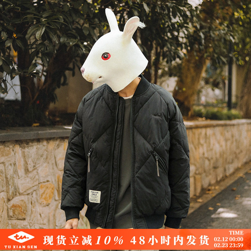 兔先森冬季复古百搭刺绣棉服男宽松加厚保暖休闲黑色棒球棉衣外套