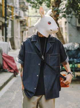 兔先森夏季日系复古冰丝七分袖牛仔衬衫男休闲痞帅古巴领衬衣外套