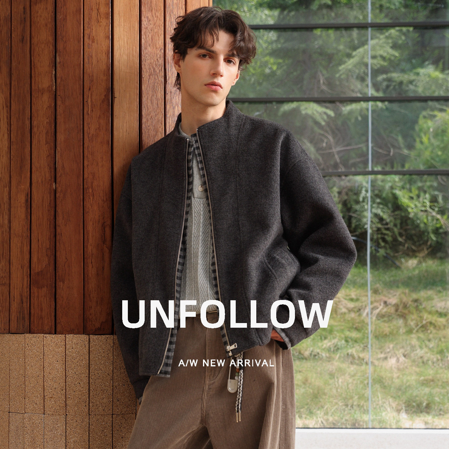 UNFOLLOW羊毛混纺立领格纹内衬毛呢夹克男春秋新款高级感短款外套图片