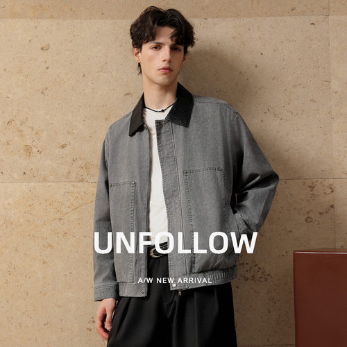 UNFOLLOW皮领做旧牛仔夹克男春秋新款复古休闲外套宽松短款上衣潮