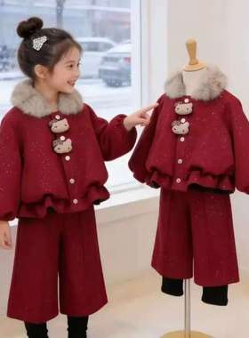 女童冬季套装拜年服加厚加绒新款小女孩中国新年红洋气冬装套装潮