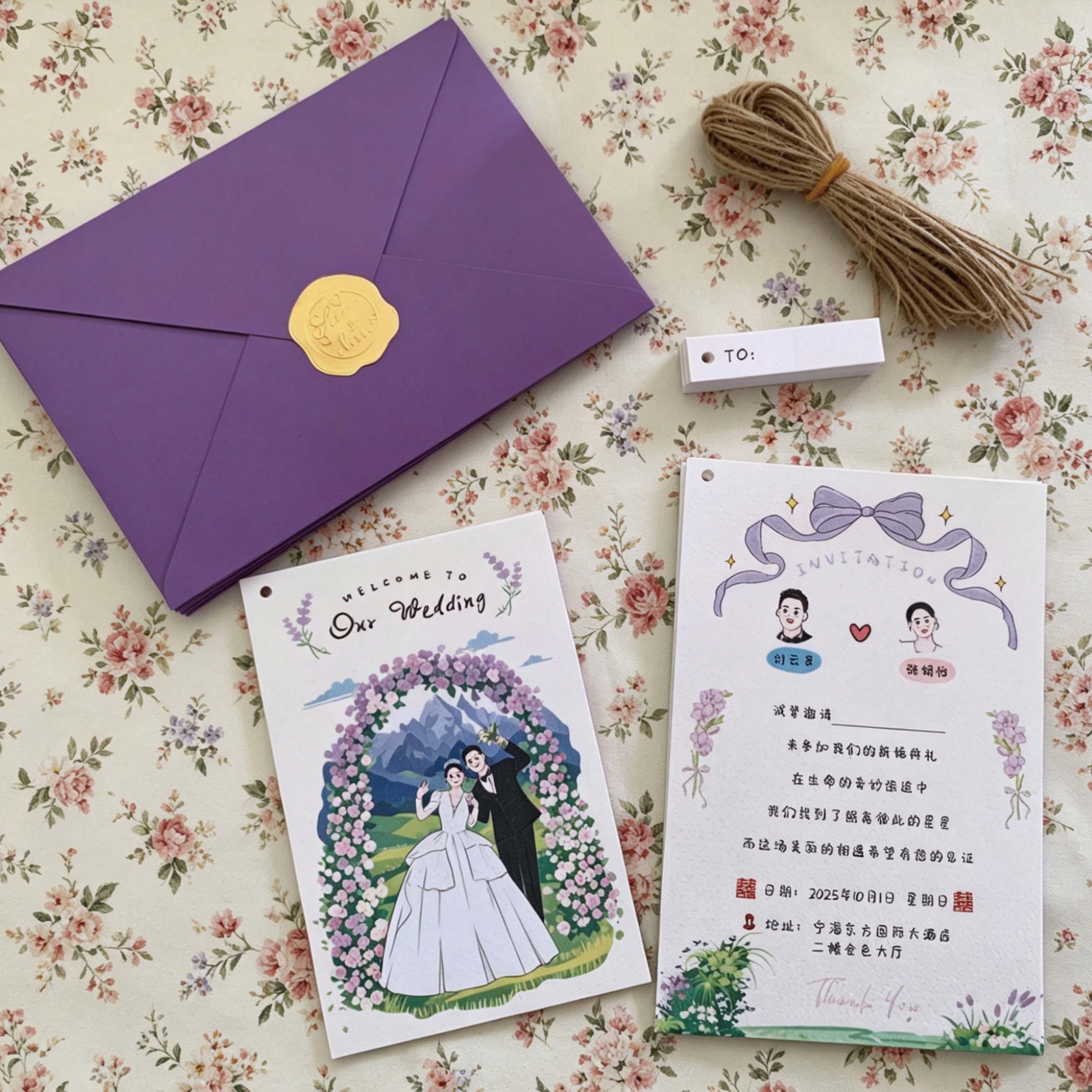 紫色信封婚礼请柬吊牌卡通手绘请帖来图定制高阶纸打印邀请函印刷